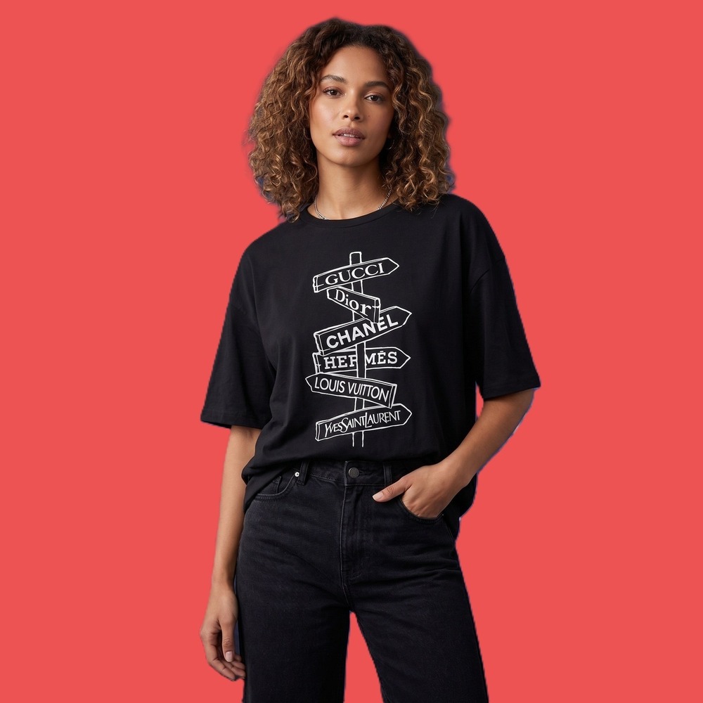 Nobrand Women Black Graphic T-Shirt Designer Signpost Luxury Brands 3XL
